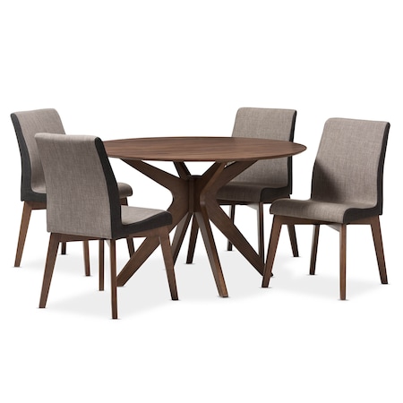 Baxton Studio Kimberly Mid-Century Modern Walnut Wood Round 5-Piece Dining Set 134-7175-7181